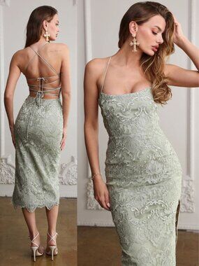 V. Chapman Olivia Midi Dress Green Sage Lace‎ Open Back Scalloped Size 4